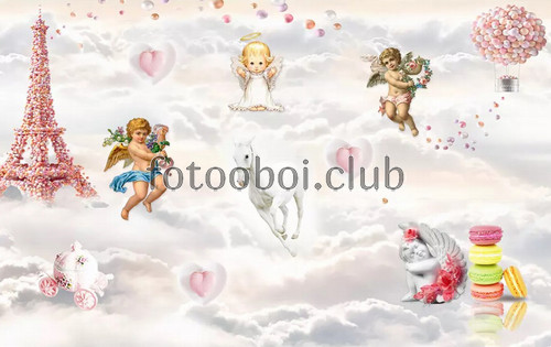 ангелы, ангелочки, 3д, 3d, Париж, башня, облака, воздушные шары