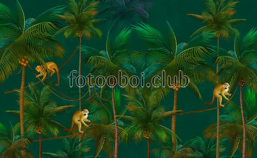 пальмы, джунгли, обезьяны, зеленые