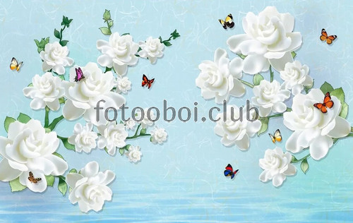 белые розы, цветы, бабочки, 3д, 3d