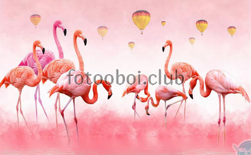 воздушные шары, розовые фламинго, облака, дизайнерские, 3д, 3d