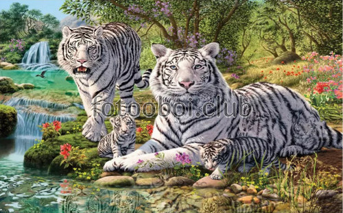 белые тигры, водопады, лес, дизайнерские