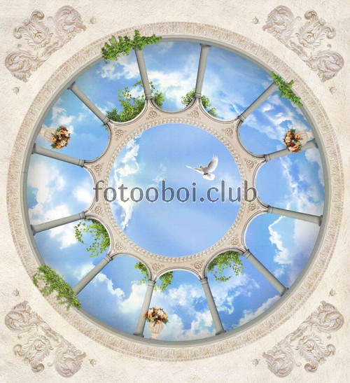 небо, потолок, арка, арки, голубь, птицы, ваза, архитектура, облака, лепнина 