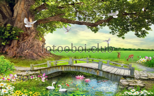 мостик, озеро, пруд, деревья, поляна, животные, олени, детские, для мальчика, для девочки, природа