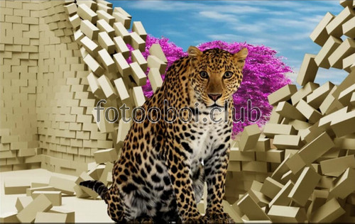 леопард, кирпичная стена, 3д, 3d, дизайнерские