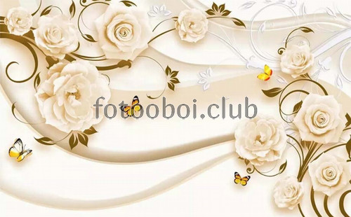 белые розы, цветы, шелк, 3д, 3d, бабочки