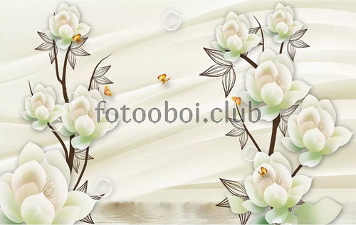 белые магнолии, цветы, бабочки, 3д, 3d
