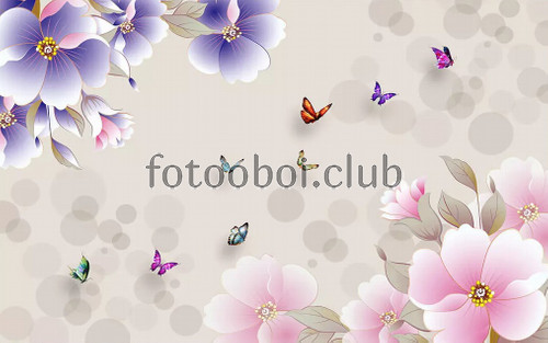 сиреневые цветы, розовые цветы, бабочки