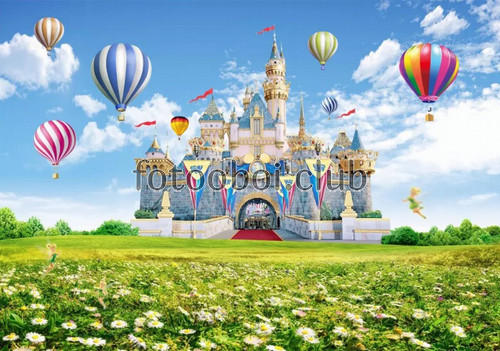 замок, поле, цветы, трава, воздушные шары, детские