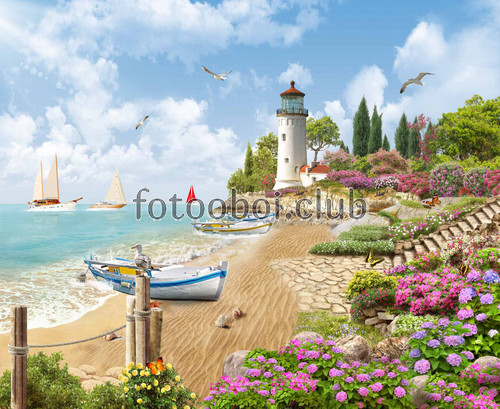 пляж, море, маяк, лодка, чайка, сад, лестница, лодки, кораблики, цветы 