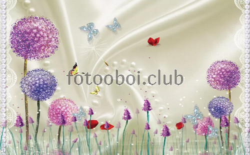 одуванчики, цветы, шары, бабочки, шелк, жемчуг, узор, 3д, 3d