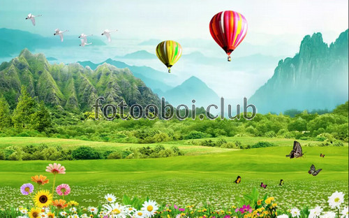 поле, горы, цветы, природа, воздушные шары, стереоскопические