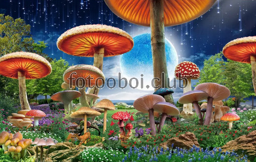 гигантские грибы, мухоморы, сказочный лес, ночь, луна, звезды, детские, для девочки, для мальчика
