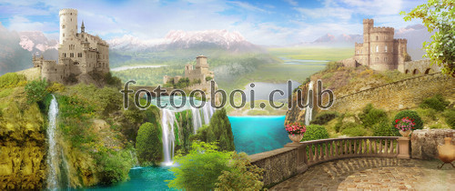 дизайнерские, замок, водопад, озеро, пруд, терраса, горы, цветы, деревья