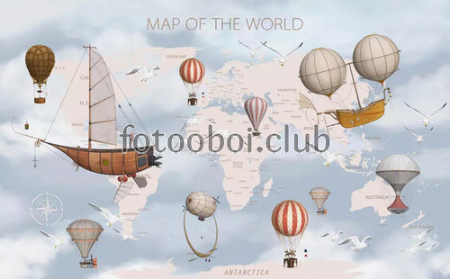 воздушные корабли, дирижабли, воздушные шары, карта мира, детские, для мальчика