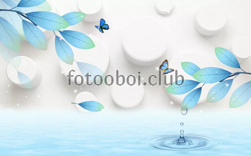 синие листья, веточки, вола, шары, бабочки, 3д, 3d, абстракция