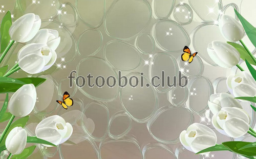 стекла, цветы, белые тюльпаны, букет, бабочки, 3д, 3d