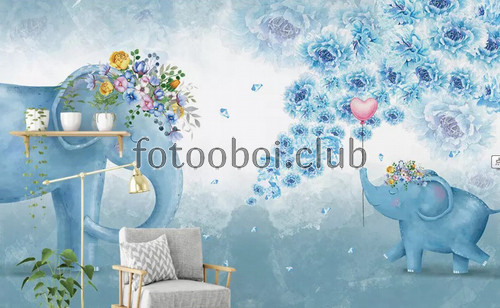 голубые слоны, цветы, шарик, детские, для мальчика