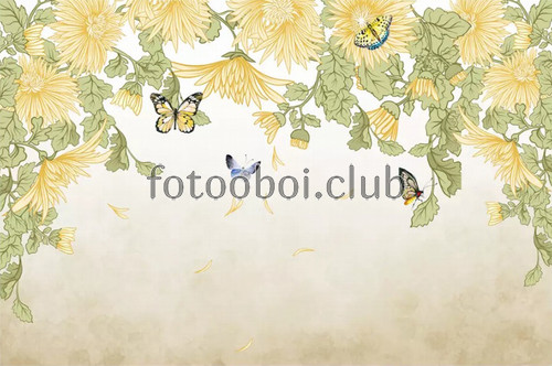 желтые хризантемы, цветы, бабочки, дизайнерские, 3д, 3d