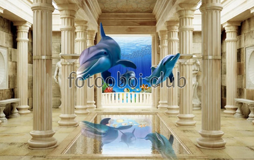 бассейн, колонны, абстракция, дельфины, морские, подводный мир, 3д, 3d
