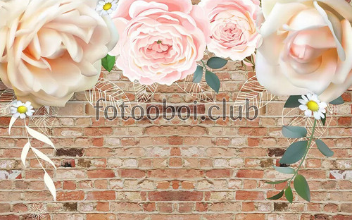 розы, пионы, розовые, красная кирпичная стена, 3д, дизайнерские