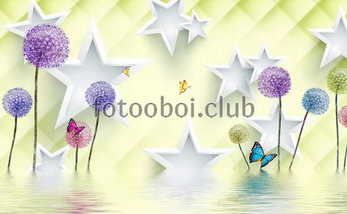 цветы, одуванчики, звезды, бабочки, 3д, 3d, абстракция