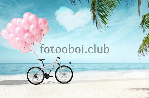 розовые шарики, велосипед, пляж, море, океан, берег, пальмы