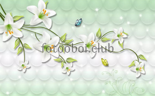 зеленые, белые лилии, бабочки, дизайнерские