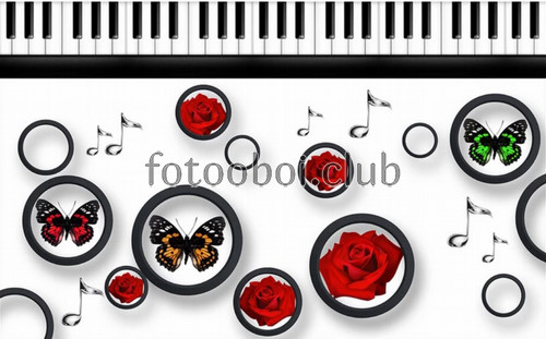 ноты, круги, розы, бабочки, клавиши, пианино, 3д, 3d