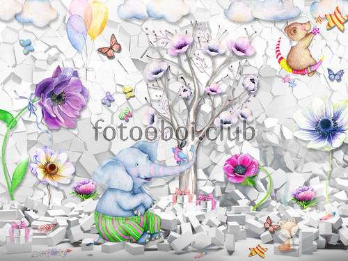 слон, слоник, мишка, медведь, бабочки, шарики, цветочек, цветок, цветы, луна, дерево, кирпичи, для детей, 3д, 3D, кирпич