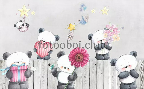 мишки, панды, цветы, месяц, детские, для девочки, доски, забор