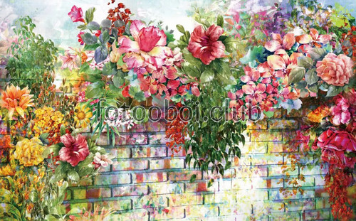 цветы, букет, пионы, кирпичная стена, арт обои