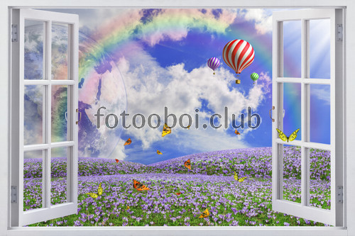 открытое окно, поле, цветы, подснежники, планета, бабочки, воздушные шары, вид, на стену, стена, дизайнерские