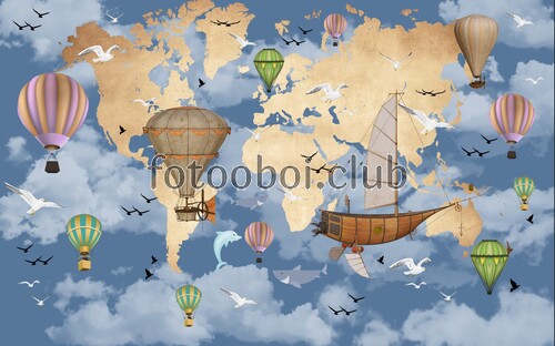 детские, карта мира, карта, для мальчиков, для девочек, воздушные шары, чайки, птицы, корабли 