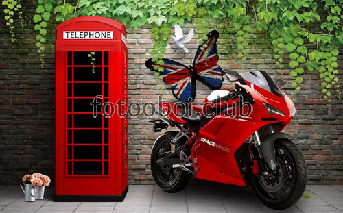 кирпичная стена, телефонная будка, Лондон, мотоцикл, бабочки, листья, 3д, 3d