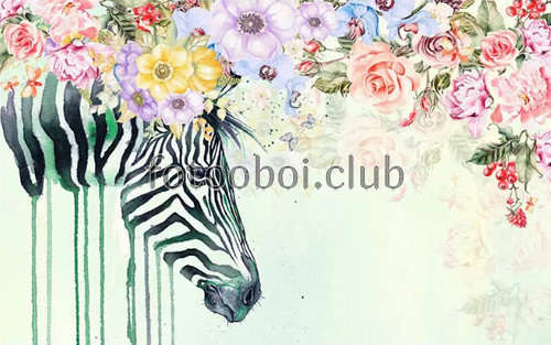 зебра, акварель, дизайнерские, цветы, животные