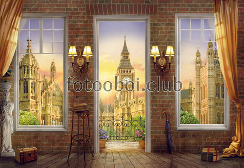 Биг бен, Лондон, балкон, вид, зонт, скульптура, окно, замок, торшер, шторы, кирпич