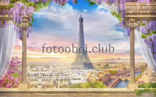 колонны, цветы, вид на город, Париж, дома