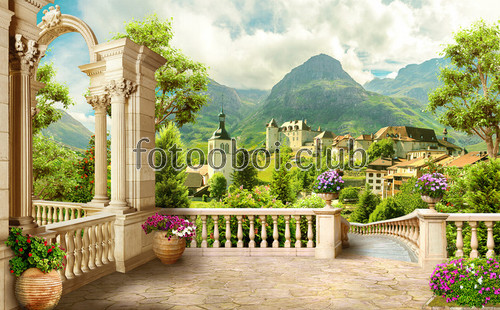 дизайнерские, фреска, вид на горы, терраса, лестница, холмы, колонны