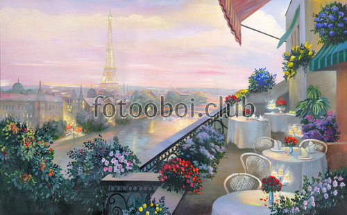 дизайнерские, картина, живопись, Париж, кафе, столики, балкон, терраса, вид, река, мост, башня, город