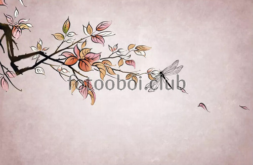 веточка, листья, осень, акварель, стрекоза