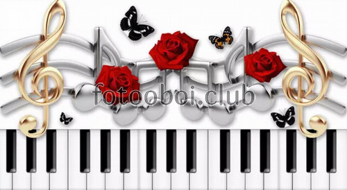 красные розы, бабочки, клавиши, пианино, ноты, 3д, 3d