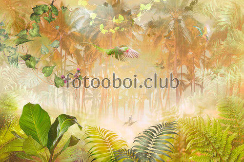джунгли, папоротник, пальмы, птицы, попугаи