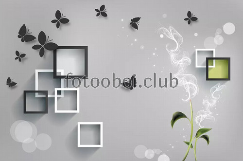 квадраты, бабочки, цветы. абстракция, дымка, 3д, 3d