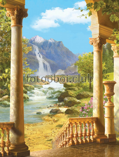 терраса, горы, водопад, природа, речка, живопись 