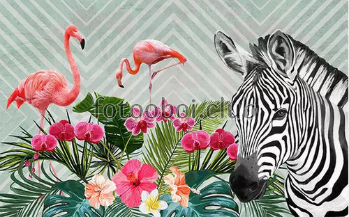зебра, розовые фламинго, цветы, абстракция