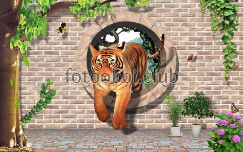 тигр, кирпичная стена, 3д, 3d, дизайнерские