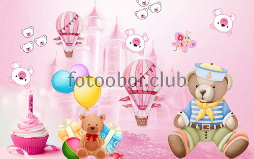 детские, для девочки, медведь, пирог, свечки, воздушные шары