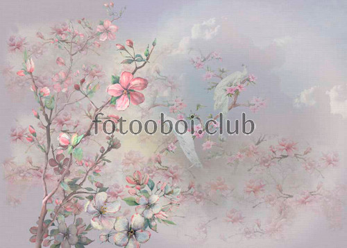 веточка сакуры, павлины, облака, цветы