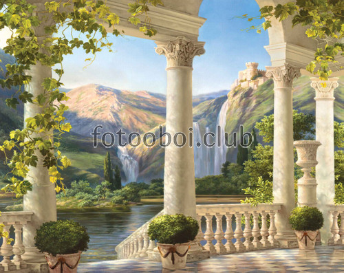 водопад, колонны, терраса, вид на водопад, горы, листья, ваза, растения, речка, вода, лес, деревья