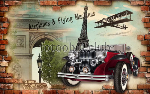 кирпичная стена, автомобиль, самолет, башня, Париж, ретро